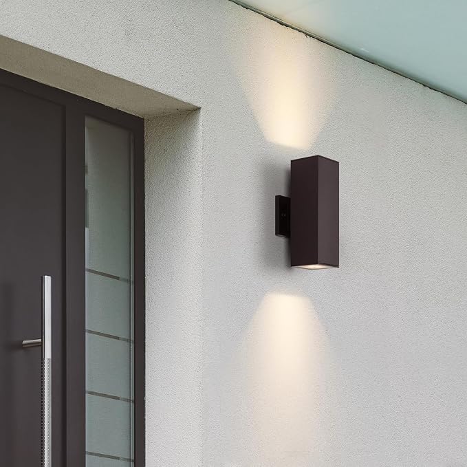 mirrea 12" Modern Outdoor Porch Light, 2 Lights, Oil Rubbed Bronze, 2 Pack | Patio wall sconce, aluminum rectangular tube, tempered glass, waterproof. Up & down lighting for outdoor wall mount fixture.
