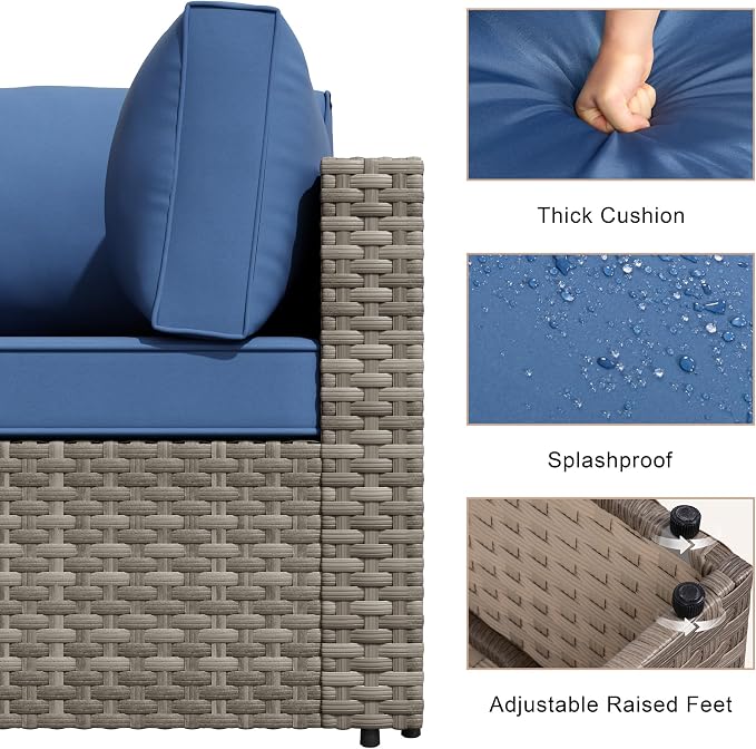 JAMFLY 7-Piece Outdoor Patio Furniture Set, Modular PE Rattan Sectional Sofa with Thick Cushions & Glass Coffee Table for Poolside, Balcony, Garden(Blue Cushion)