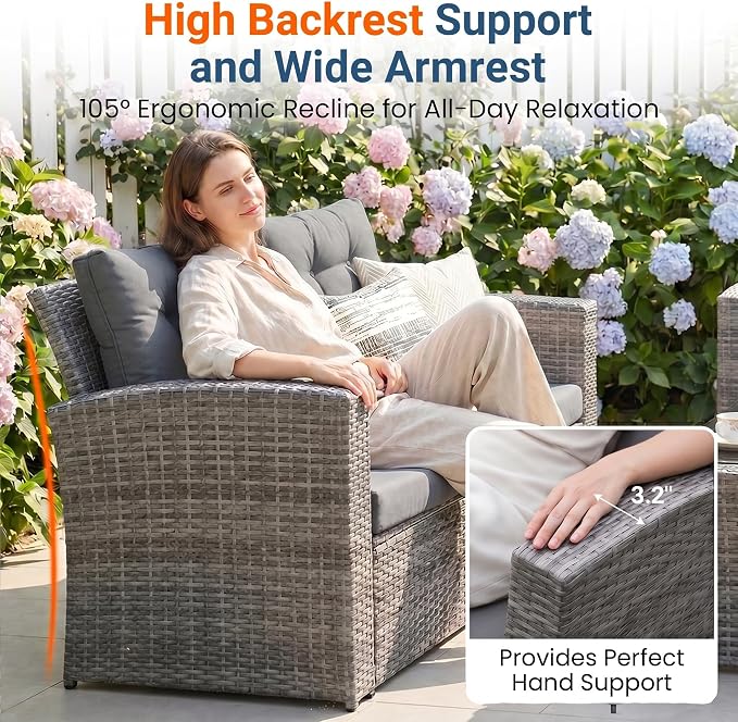 Wisteria Lane 4 Piece Patio Furniture Set, Wicker Outdoor Patio Conversation Furniture Set, All Weather Outdoor Patio Sofa with Cushion and Wood Table, Grey Wood