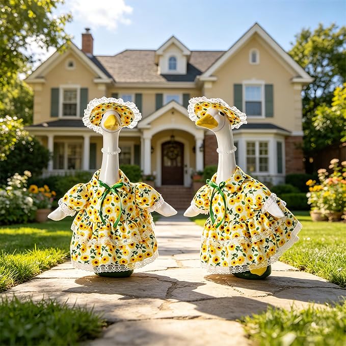 Porch Goose Outfit Flower with Pearl Necklace and Sunflower Hat for 23" Large Statue,Porch Goose Clothes for Outdoor Patio Yard Garden Holiday Decor