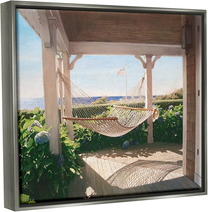 'Tranquil Hammock Warm Sunlit Porch Rural'| Floating Frame Canvas Art | Stupell Industries | Gray, 21 x 17 Inches, Easy to Hang and Sturdy, Made in USA, by Tom Mielko