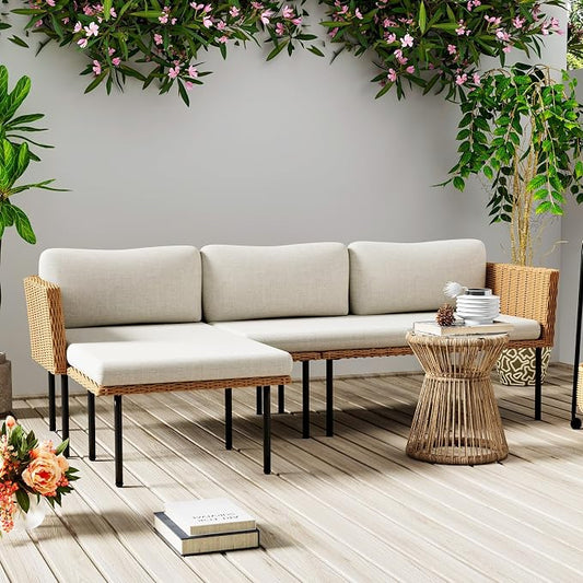 DECMICO 3-Piece Patio Furniture Set, L-Shaped Outdoor Sectional Sofa with Thick Cushions, All-Weather Rattan Conversation Set, Boho Style Detachable 3-Seater Lounger (Beige)