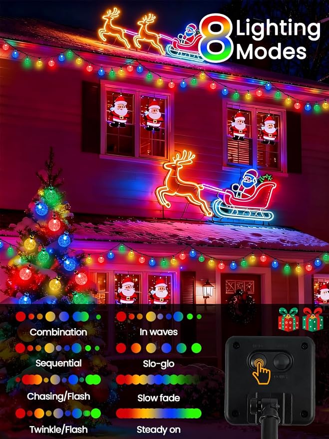 Solar String Lights Outdoor 2 Pack 64FT 100 LED Multicolor Patio Lights | Crystal Globe, IP65 Waterproof, Auto On/Off, 8 Modes Solar Powered Light for Outside Wedding Party Garden Yard Decorations
