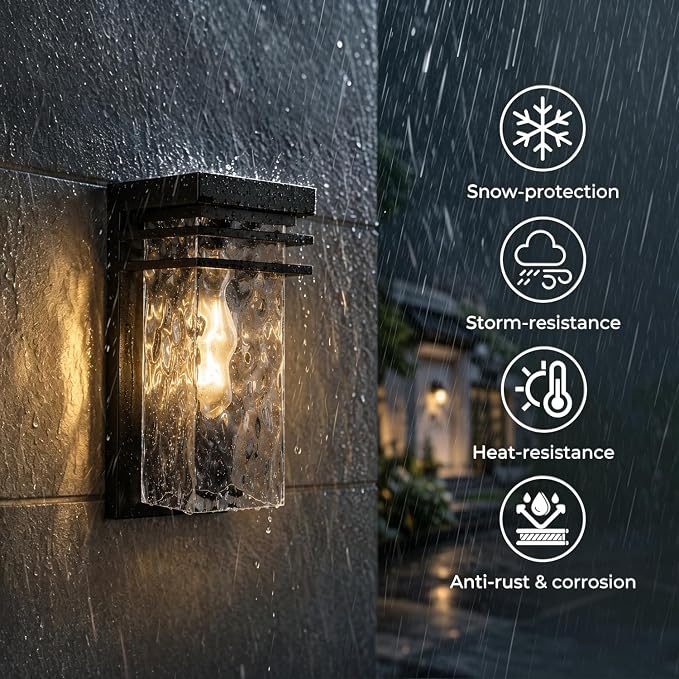 Modern Outdoor Wall Light Exterior Sconce with Dusk to Dawn | Black,Water Seeded Glass,Open Bottom,Outside Porch Lighting Fixture,E26