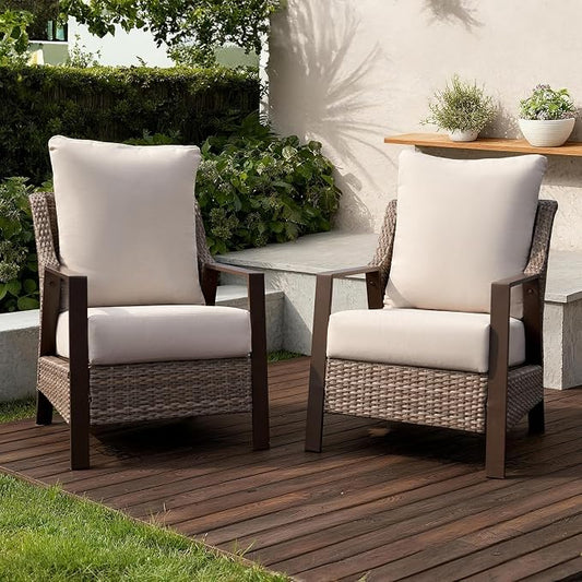 Outdoor Patio Furniture - 2 Pcs Armchairs, All-Weather Wicker Outdoor Conversation Set with 4.72" Thick Olefin Cushions for Deck, Porch, Balcony, Backyard, Beige