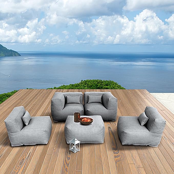 Patio Furniture Set Bean Bag 5 Pieces Outdoor Chairs Sectional Conversation Patio Set Daybed Furniture Outdoor Sofa Couch High Density Foam Filling Modern Comfy Patio Couch, Dark Gray