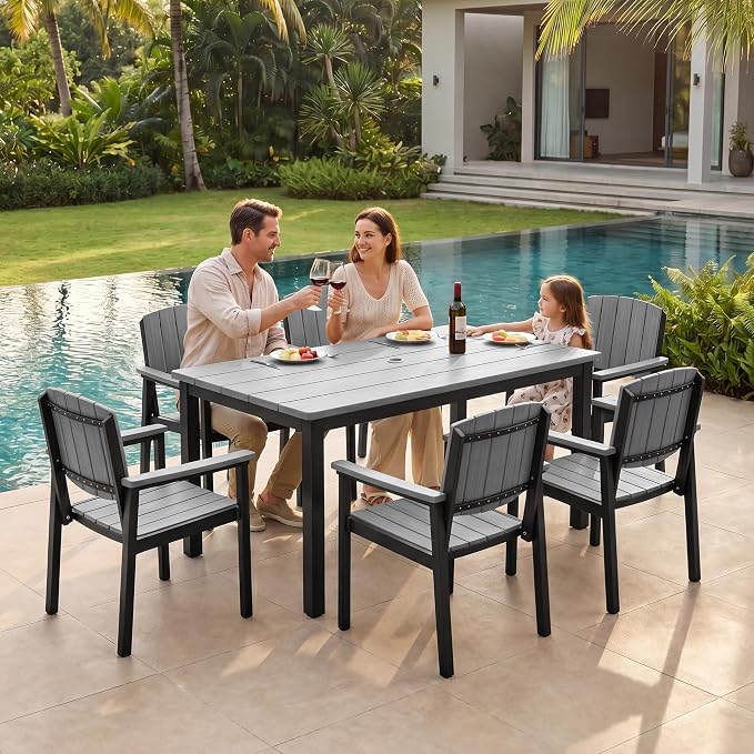 Outdoor Dining Sets Patio Table and Chairs Set 7-Piece, Aluminum Frame HDPS Faux Wood, All Weather Patio Dining Set with Umbrella Hole for Garden Backyard Poolside Grey