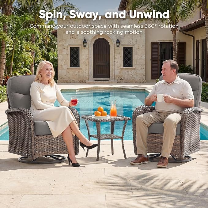 HUMMUH 5-Piece Patio Furniture Set with 6" Thick Cushion High Back Outdoor Swivel Rocker Chairs,3-Seater Sofa,Coffee Table & Ottomans,Wicker Outdoor Conversation Set for Deck, Porch,Poolside