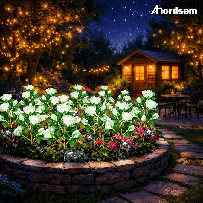 Anordsem Solar Garden Lights Outdoor: Waterproof Fabric Roses - Red LED Flower Decorations for Yard Patio Path Cemetery Grave - Birthday Gifts for Women Mom Wife - 6 Pack White