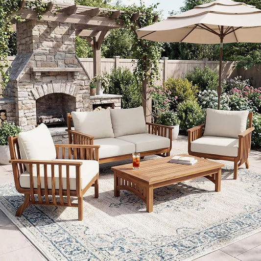 Merax 4-Piece Mid-Century Modern Acacia Wood Patio Seating Set | Outdoor Conversation Set with Loveseat, Club Chairs & Slatted Coffee Table, Weather-Resistant Cushions for Deck Poolside