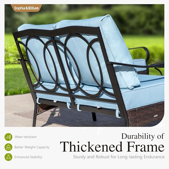 Sophia & William Patio Furniture Set with 56" Fire Pit Table, 9 Seats Metal Frame Outdoor Conversation Sets Wicker Patio Sectional Sofa Set with Ottomans for Porch, Deck, Poolside, Blue