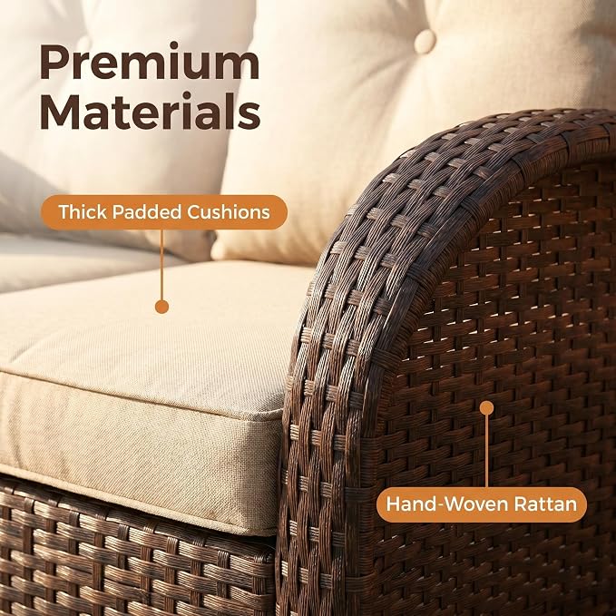 YLGJ&TIDY Outdoor Furniture 2PCS Set All-Weather Brown Wicker Patio Conversation Set 3 Seater Rattan Sofa Glass Coffee Table for Garden Backyard Porch Balcony w/Thick Cushions (Khaki,2PCS Sofa/Table)