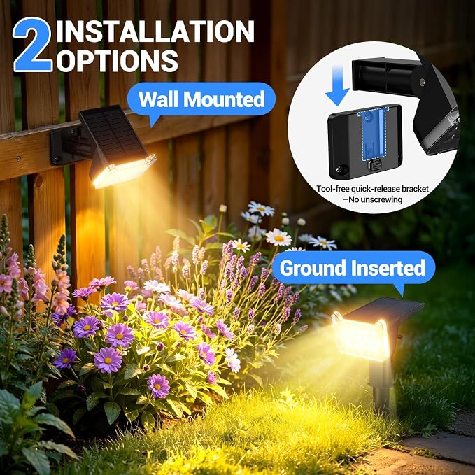 Solar Spot Lights Outdoor Waterproof IP65, Super Bright LEDs with Lens, 2 Lighting Modes, 2 in 1 Auto On/Off Solar Powered Spotlights for Outside Landscape Holiday Decor, 4 Pack, Warm White