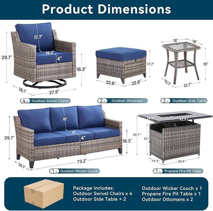 Patio Furniture Set with 42.5" Fire Pit Table-10 Pieces All Weather Wicker Outdoor Furniture with High Back Swivel Patio Chairs Set of 4 Outdoor Patio Conversation for Deck Garden Blue/Gray