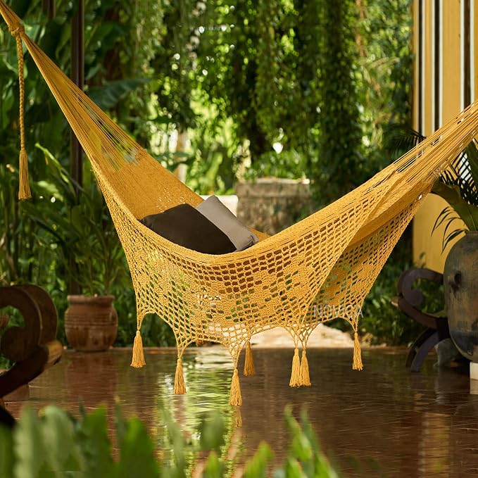 NOVICA Handmade Amber Cotton Hammock (Triple) with Macrame Panels - Double-Sized, Comfortable and Durable Outdoor Hamaca for Travel, Camping - 100% Cotton, Holds up to 550 lbs, Mirage in Amber'