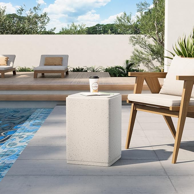 HOMPUS Outdoor Side Table Rectangular, Concrete Lightweight MgO End Table, Patio Accent Coffee Table Garden Tool for Patio, Porch and Deck, Spotted White