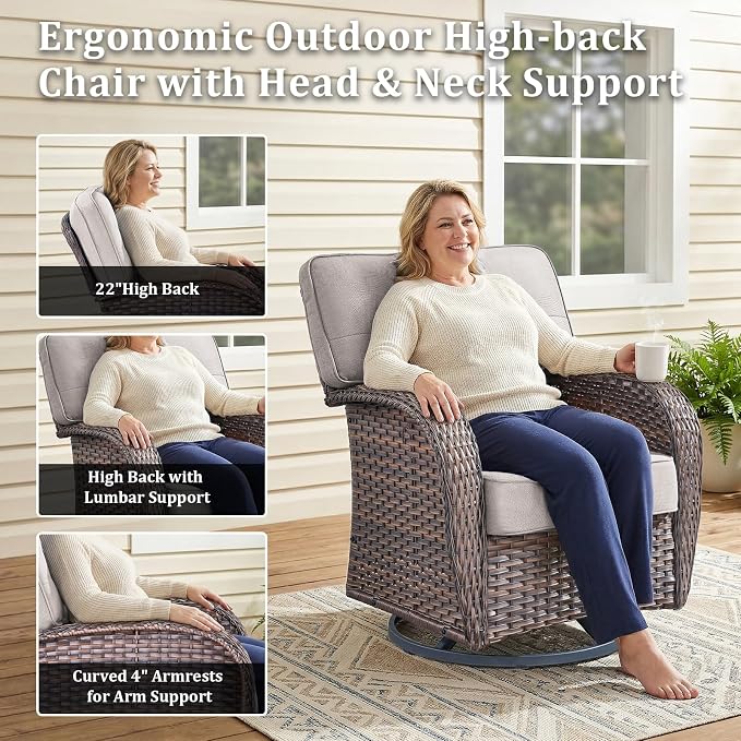 5 PCS Patio Furniture Set Outdoor Sectional Sofa Couch with Rocking Swivel Chairs 5" Deep Seat Chairs, Modern Wicker Rattan Conversation Set, Beige/Brown Wicker