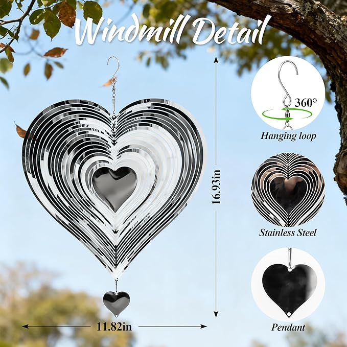 Wind Spinner 12-Inch Garden & Yard Decor, Birthday Gift for Mom | Hanging Yard Art, Garden Decoration for Outdoor and Indoor, Birthday Gift for Women, 3D Heart, Stainless Steel, 2 Pack