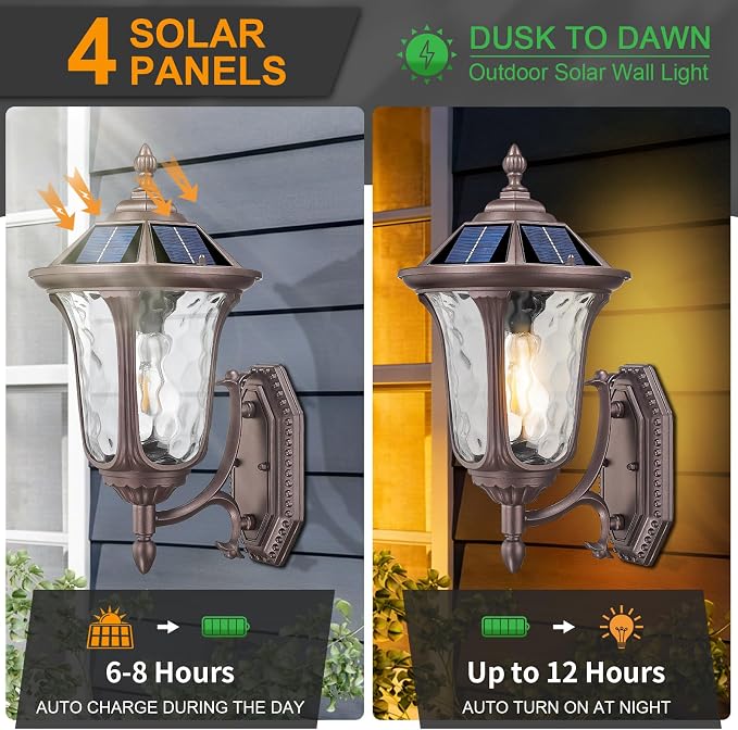Outdoor Light Fixtures Wall Mount Dusk to Dawn Solar Exterior Wall Sconce Lanterns Remote Control with Water Ripple Glass Lamp Shade for Patio Yard House Hallway, 17'' Medium ORB Color