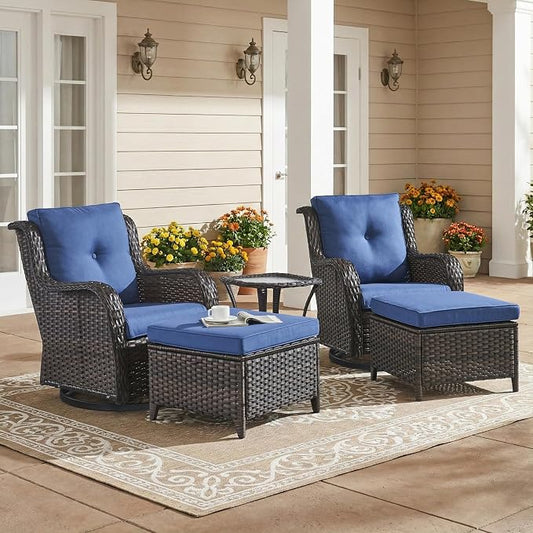 Outdoor Patio Furniture Set-5 Piece Outdoor Swivel Rocker Chairs with Ottomans Patio Furniture Set for Deck Balcony Poolside Backyard-Brown/Blue