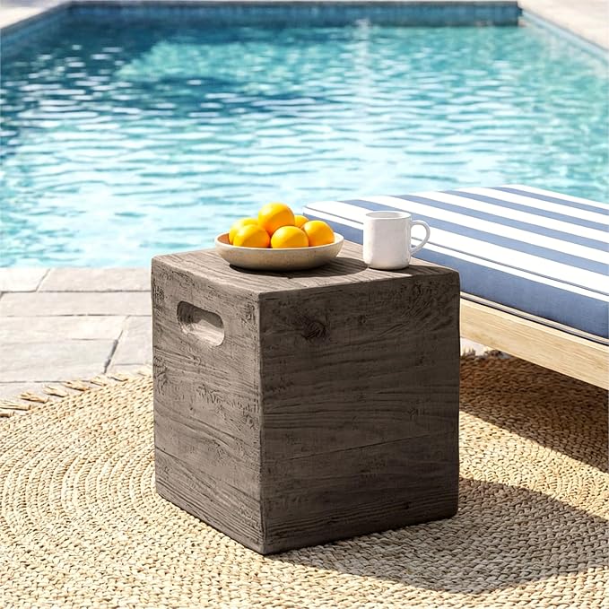 HOMPUS Outdoor Side Table w Groove Handle, Patio MgO Concrete Natural End Table, Square Accent Small Coffee Table for Garden, Patio, Porch and Deck, Antique Black