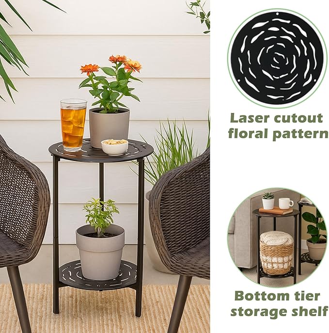 2 Packs Two-tier Metal Round Side Table Black Accent Coffee Tables Small Space Corner Plant Stand Shelf for Indoor Outdoor Use Patio Balcony End Table Laser-Cut Floral Pattern Weather-Resistant