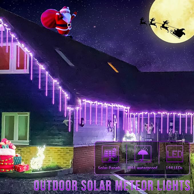 JMEXSUS Solar Halloween Lights Outdoor Purple Solar Lights | 8 Tube 144 LEDs, Solar Meteor Shower Lights for Halloween Tree Fence Eaves Patio Yard Holiday Party Decor