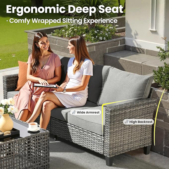ovios 9 Pieces Patio Furniture Set, Outdoor Wicker Sofa Couch with Swivel Glider Chairs Solar Lights Table, Modern Deep Seat Rattan Conversation Sets for Deck Porch, Dark Grey