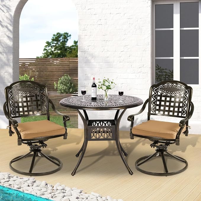 3-Piece Outdoor Patio Dining Set, All-Weather Cast Aluminum Patio Furniture Set for Backyard Garden Deck with 2 Swivel Cushioned Chairs and 35.4” Round Table, 2" Umbrella Hole, Khaki
