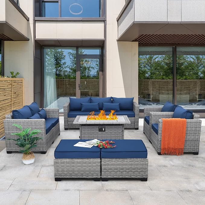 Rattaner Patio Furniture Set with 45-Inch Fire Pit 7-Piece Outdoor Furniture Sets Patio Couch Outdoor Chairs 60000 BTU Propane Fire Pit Table Non-Slip Cushions and Waterproof Covers, Navy Blue