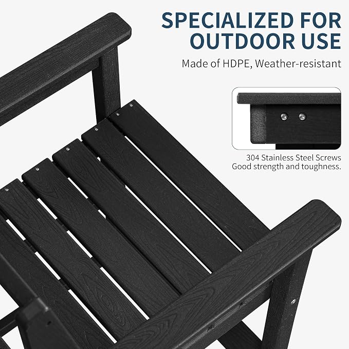 Adirondack Chairs Set of 4, All Weather HDPE Counter Height Bar Chair with Wide Armrests & Footrest, Heavy-Duty Outdoor Bar Height Barstools Set for Patio, Balcony, Pool, Backyard, Black