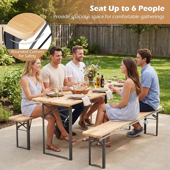 Byroce Folding Picnic Table Set with Benches, 70” Fir Wood Beer Table Set, Outdoor Dining Table with Heavy-Duty Metal Frame, Foldable Picnic Table for Patio, Garden, Backyard, BBQ & Parties (70")