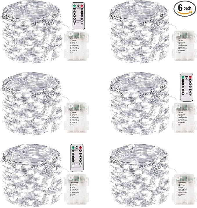 6 Pack Fairy Lights Battery Operated with Remote 33FT 100 LED Cool White | Remote Control, 8 Modes, Timer, Adjustable brightness, Waterproof Lights for Indoor Outdoor Classroom Christmas Decor