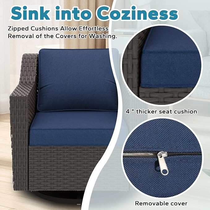 8 Pieces Patio Conversation Furniture Set - 2 Sofas, 4 Ottomans, 2 Swivel Chairs, 1 Side Table, Outdoor Wicker Furniture with Removable Cushions for Porch, Balcony, Sunroom (Blue)