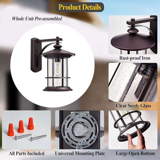 MICSIU 12.5" Height Large Farmhouse Bronze Outdoor Wall Light, Max 100W | 8" Wide Rustic Exterior Fixture with Clear Seedy Glass, Weatherproof Porch Light for Front Door, Garage, Gate, Patio, Deck