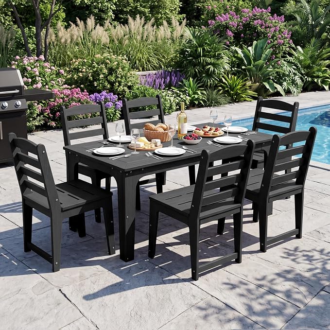 HDPE Outdoor Dining Table & Chairs Set for 6 Person, Black(7-Piece) | Weather-Resistant Patio Furniture Set with Metal Support Bars and Umbrella Hole Cut-Out for Poolside Garden Backyard Deck