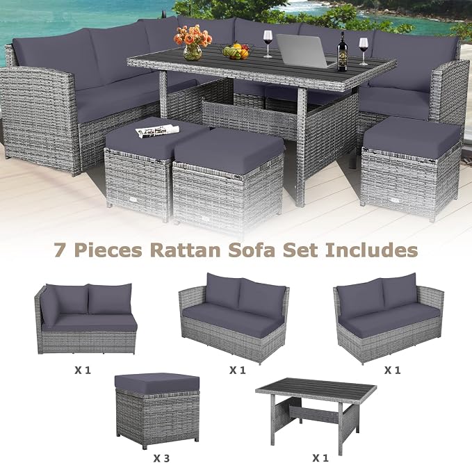 HAPPYGRILL 7 Pieces Rattan Wicker Patio Conversation Set, Outdoor Patio Furniture Set with Cushions, Rattan Sofa Set with Dining Table & Ottomans for Poolside Backyard Balcony Garden (Grey)