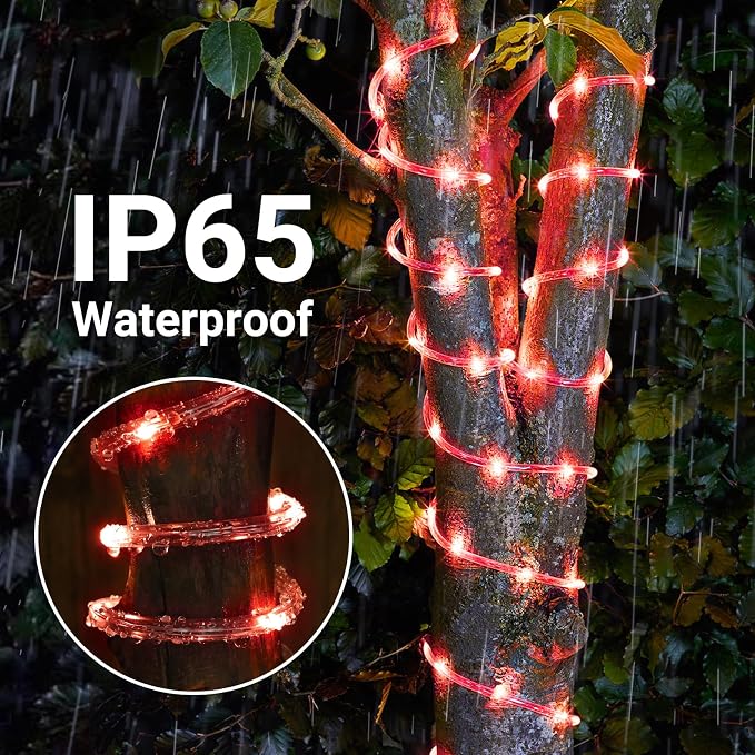Jnaurb Solar Rope Lights, 66ft 200LED Solar String Lights, 8 Modes Waterproof Solar Outdoor Light, Flexible Clear Trampoline Light for Garden Backyard Patio Deck Porch Pool Tree Decor - Red