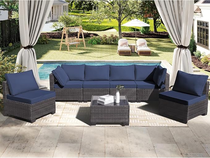 CANMOV 7 Pieces Patio Furniture Sets, All Weather Outdoor Patio Conversation Set, PE Wicker Rattan Sectional Sofa Couch Glass Coffee Table Washable Cushions for Backyard Garden, Porch, Navy Blue