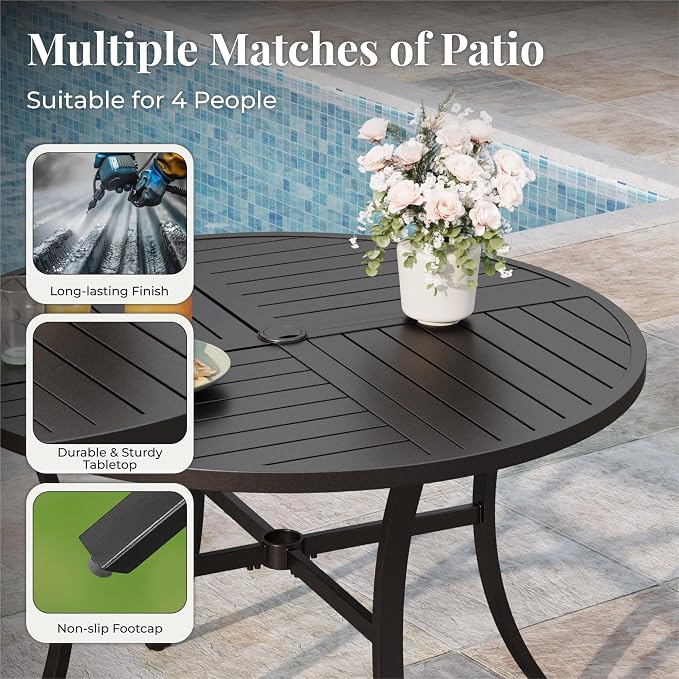 MIXPATIO Patio Table and Chairs Set for 4, 5 Pieces Outdoor Dining Set, 4 Red Textilene Chairs and 42" Metal Round Table with Umbrella Hole, for Deck Garden Backyard Lawn Poolside