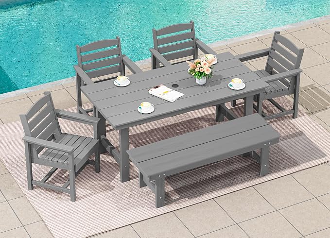 SERWALL 6 Pcs HDPE Dining Set, Includes 1 Table, 1 Bench & 4 Chairs, Gray | Outdoor Dining Set with Bench, All-Weather Resistant SERWALL Dining Set for patio