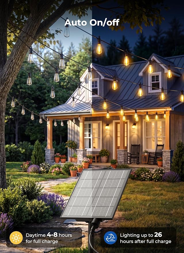 Brightown 100FT Solar String Lights Outdoor, 31+2 Shatterproof LED Bulbs | Waterproof, Remote Control, Dimmable, Timer, 3 Light Modes, Up to 26H Runtime for Backyard, Patio and Party Decor