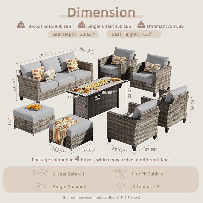 CAODOC 8-Piece Outdoor Wicker Patio Set with 9 Seats, Including 53" Fire Pit - Sectional Sofa and Conversation Set for Backyard or Lawn, Gray Rattan with Waterproof Dark Gray Cushions