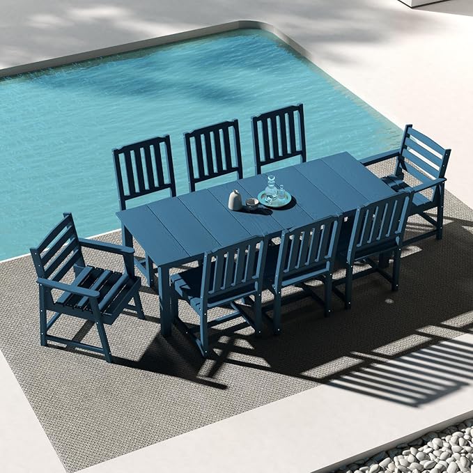 9-Piece HDPE Patio Dining Set for 8, 75.2" Table,Navy Blue | HDPE material, umbrella hole design, weather-resistant patio furniture, perfect for yard, lawn, garden, balcony, deck