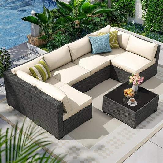7 Piece Outdoor Patio Furniture Set Modular Rattan Wicker Sectional Sofa Couch with Washable Thick Cushions and Coffee Table Modern Outdoor Conversation Set for Backyard Porch(Beige)