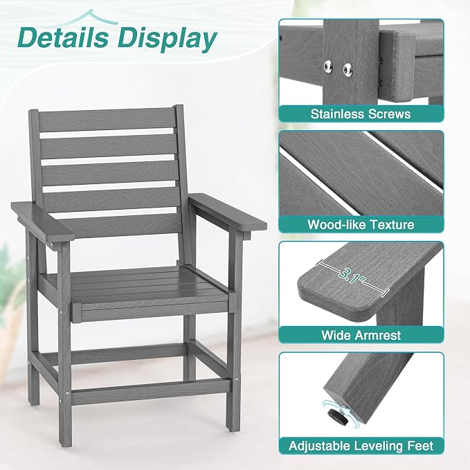Patio Dining Chairs Set of 2, HDPS Weather Resistant Outdoor Chairs with Armrest, Heavy Duty 300LBS Support Patio Chairs for Backyard Deck Porch Balcony, Gray