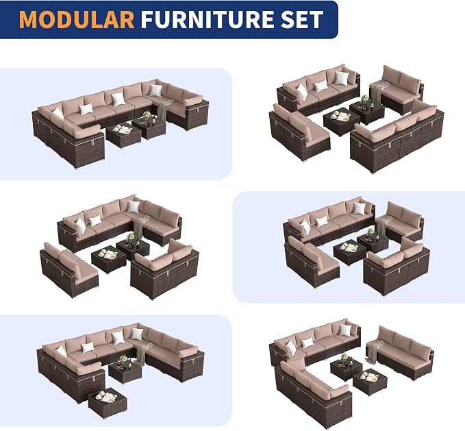 Patio Furniture Set, Modular 12-Piece Patio Conversation Sets with Coffee Table, All-Weather Wicker Outdoor Sectional for Backyard and Balcony, Grey (Waterproof Covers Included)
