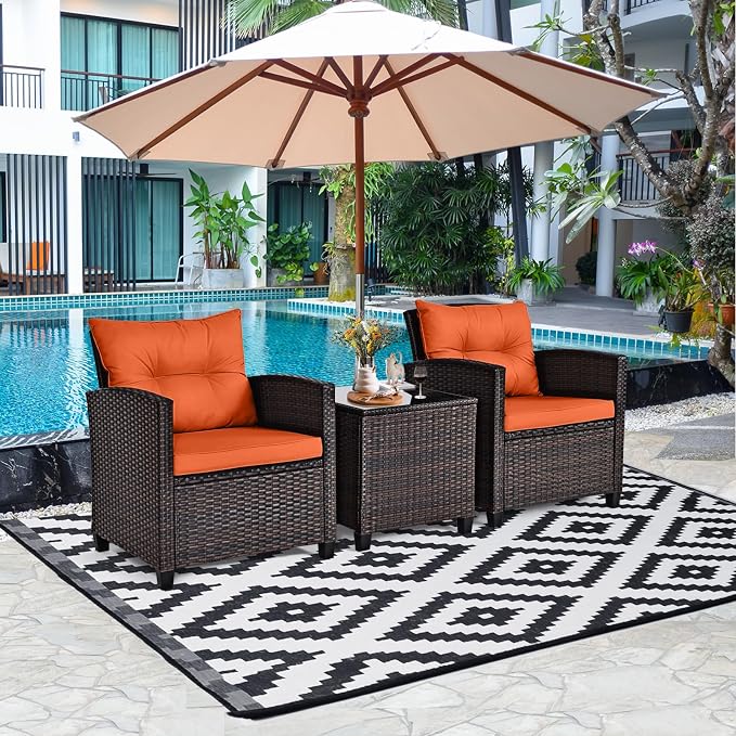 HAPPYGRILL 3 Pieces Patio Conversation Set, Outdoor Furniture Set PE Rattan Sofa Set with Removable Cushions, PE Wicker Chairs with Tempered Glass Side Table for Porch Lawn Garden Balcony Backyard