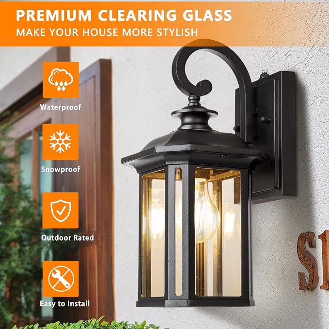 JYZ Dusk to Dawn Outdoor Wall Lighting, Exterior Porch Light Fixture, Waterproof Outdoor Wall Mount Lantern, Classic Black Sconce Lamp Outside for House Doorway Garage Patio Yard