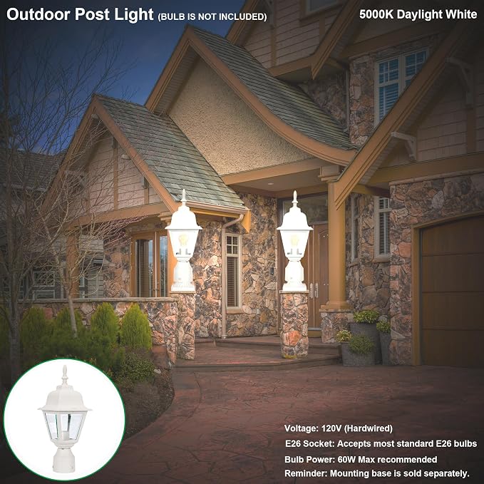 Outdoor Post Light, Rustproof Aluminum Pole Lamp, White | Exterior Lamp Post Light Fixture for Garden, Yard, Pathway, Waterproof, Glass, E26 Base, Max 60W